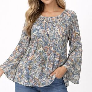 SPENSE Paisley Boho Blouse M Sheer Bell Sleeve Indie Cottagecore Top Whimsical
